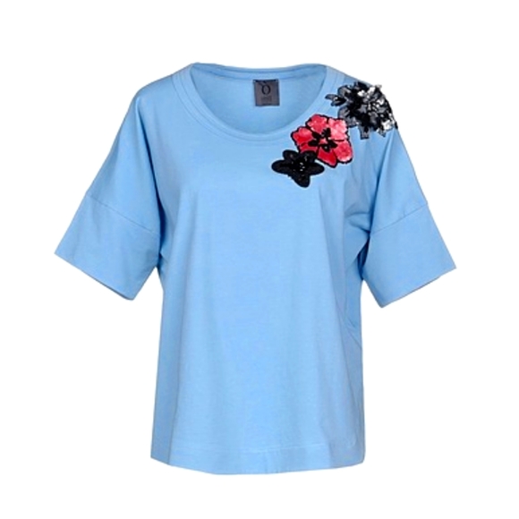 OBLO Tops - Blue T-shirt (Italy)Cotton with flowers decoration 🇮🇹
